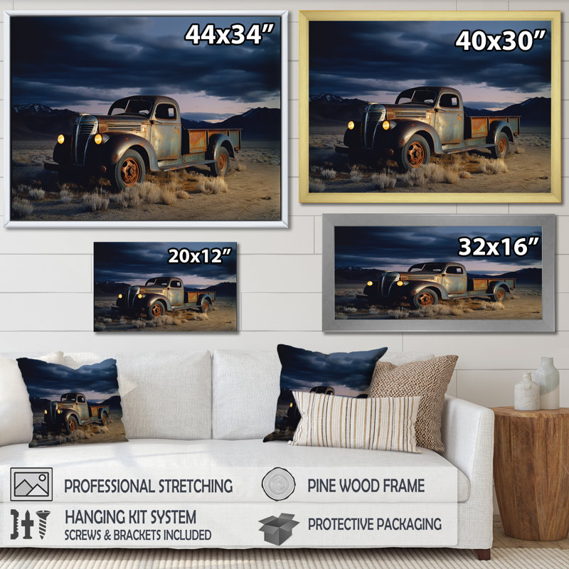 Camion charme en hiver - camion art mural salon, Cadre simple noir, H 16 po x l 32 po x P 1 po
