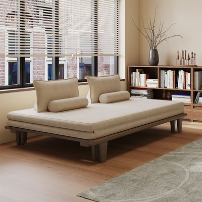 Canapé-lit standard beige et brun en coton et lin et bois massif