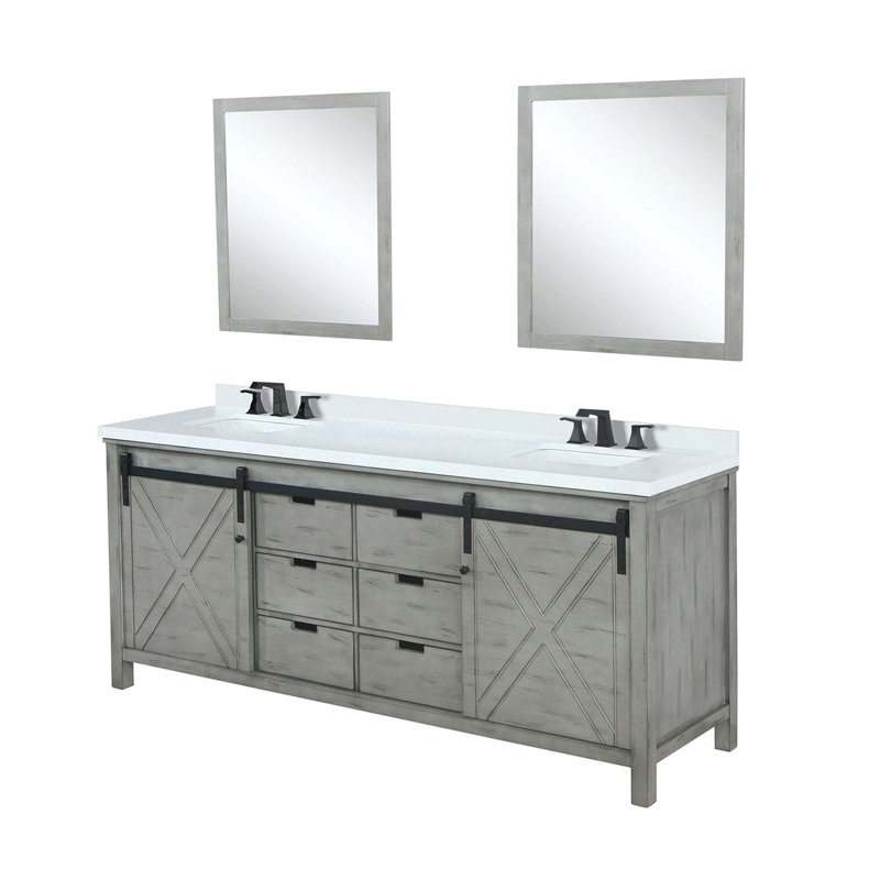 Meuble-lavabo double gris cendre l 84 po x P 22 po, comptoir en quartz blanc, ensemble de robinets et miroirs 34 po