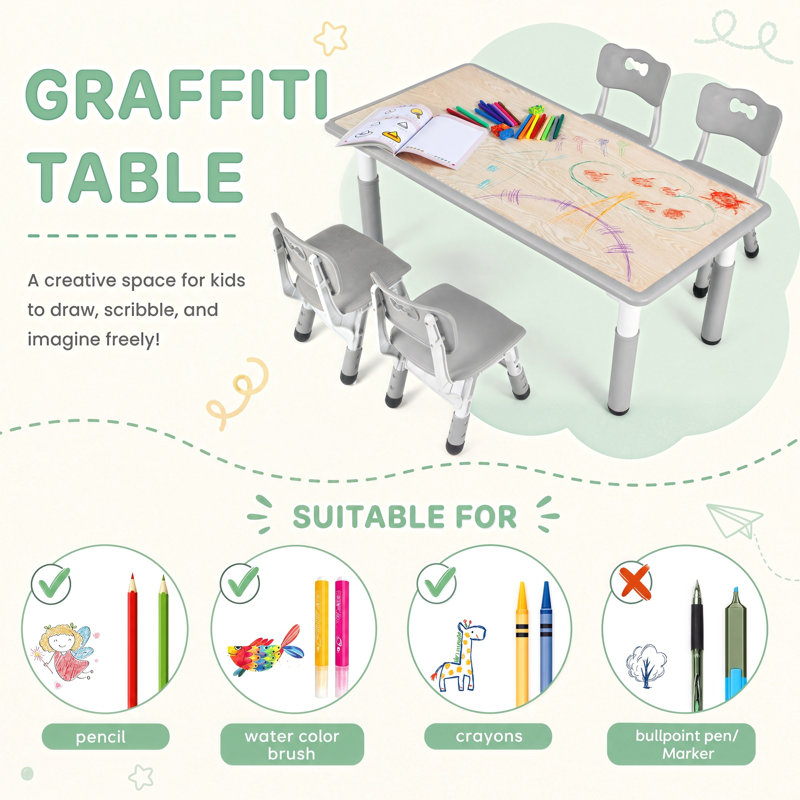 Kids Table and 4 Chair Set, Height Adjustable Toddler Table and Chair Set, Non-Slip Legs, Graffiti Desktop, Large Children Activity Table