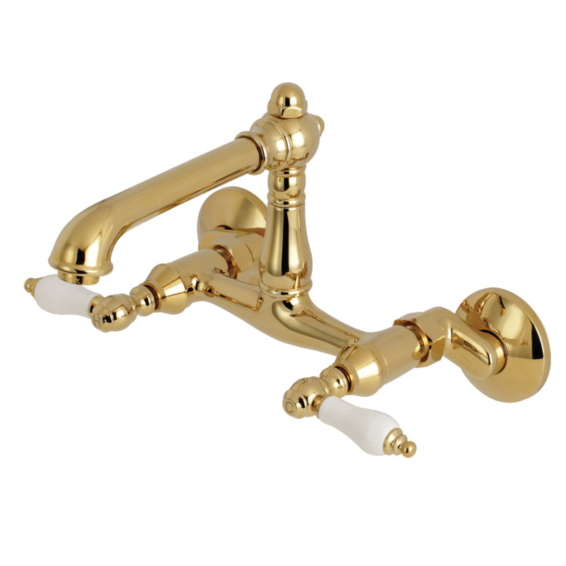 Kingston Brass English Country Double-Handle 2-Hole Wall-Mount Bridge Kitchen Faucet, Polished Brass