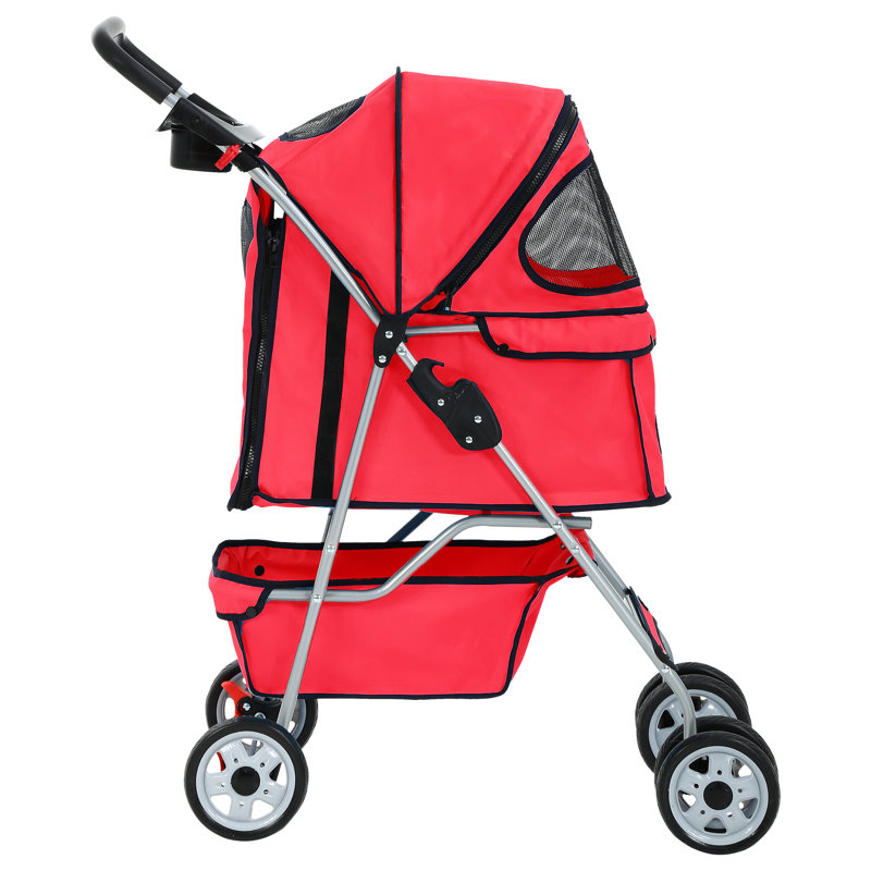 Red Folding Pet Stroller with Mesh Windows