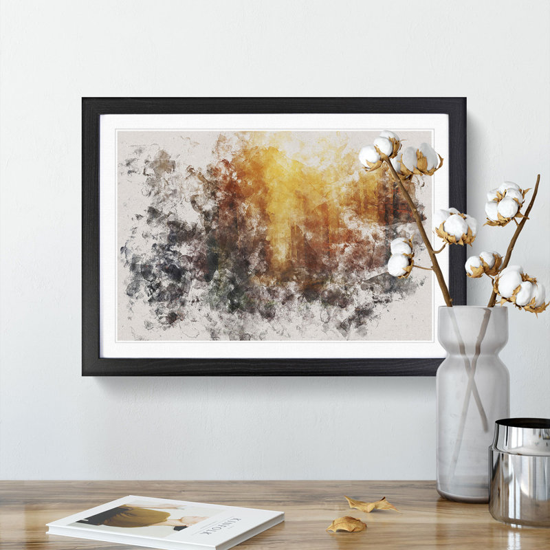 Forest At Sunset Watercolour - Single Picture Frame Print on MDF, 36cm H x 48cm W x 2cm D, Black Framed
