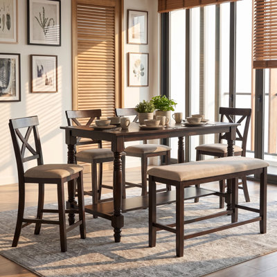 6-Piece Counter Height Dining Table Set with 4 Chairs & 1 Bench, Bottom Storage Shelf & Tapered Legs – Counter Height Dining Set for Dining Room and Kitchen