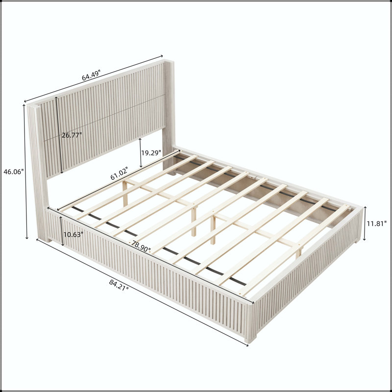 Lit plateforme en bois massif avec tête de lit, Beige, Grand lit