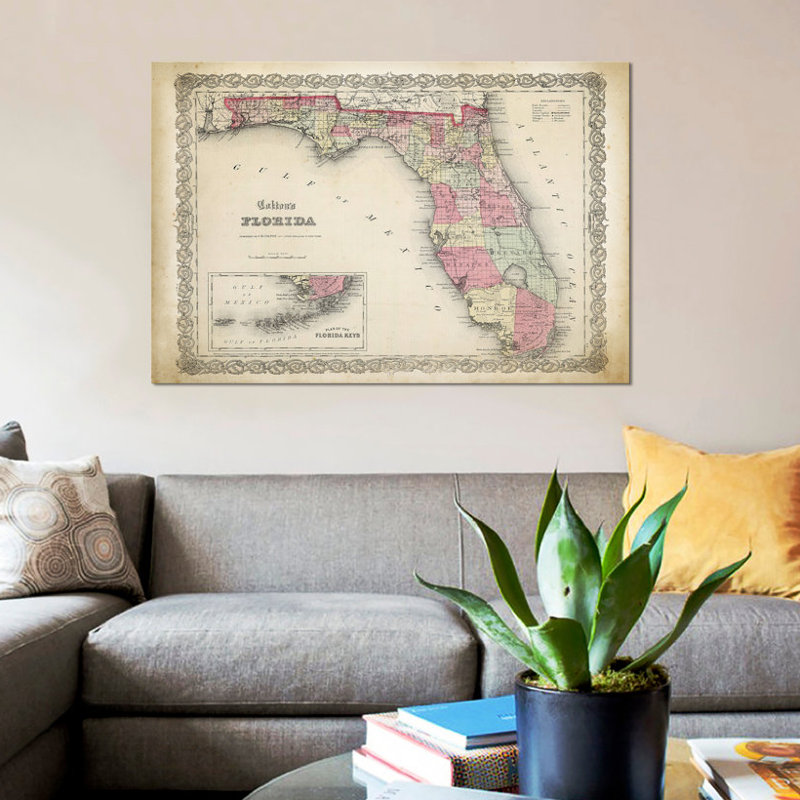 «Florida Map, 1863», impression sur toile, H 26 po x l 40 po x P 1,5 po, Toile tendue, Pas de tapis