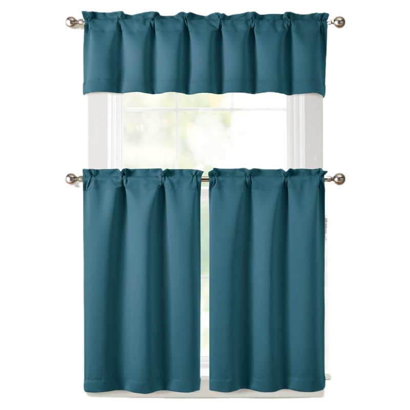 3 Piece Room Darkening Rod Pocket Cafe Kitchen Curtain Tier & Valance Set, Teal