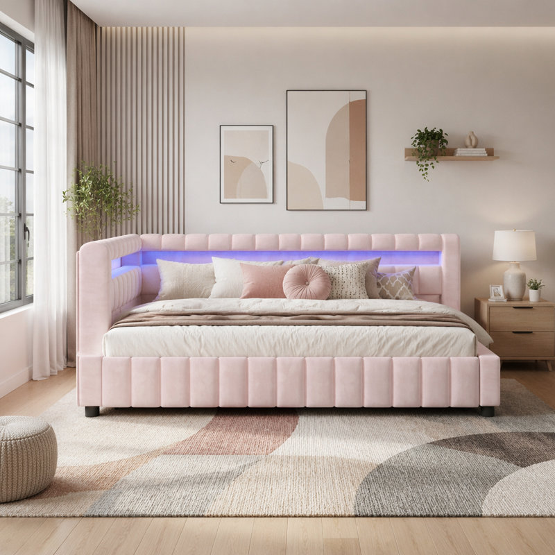 Lit de jour rembourré simple TG et très grand avec DEL et USB, Rose