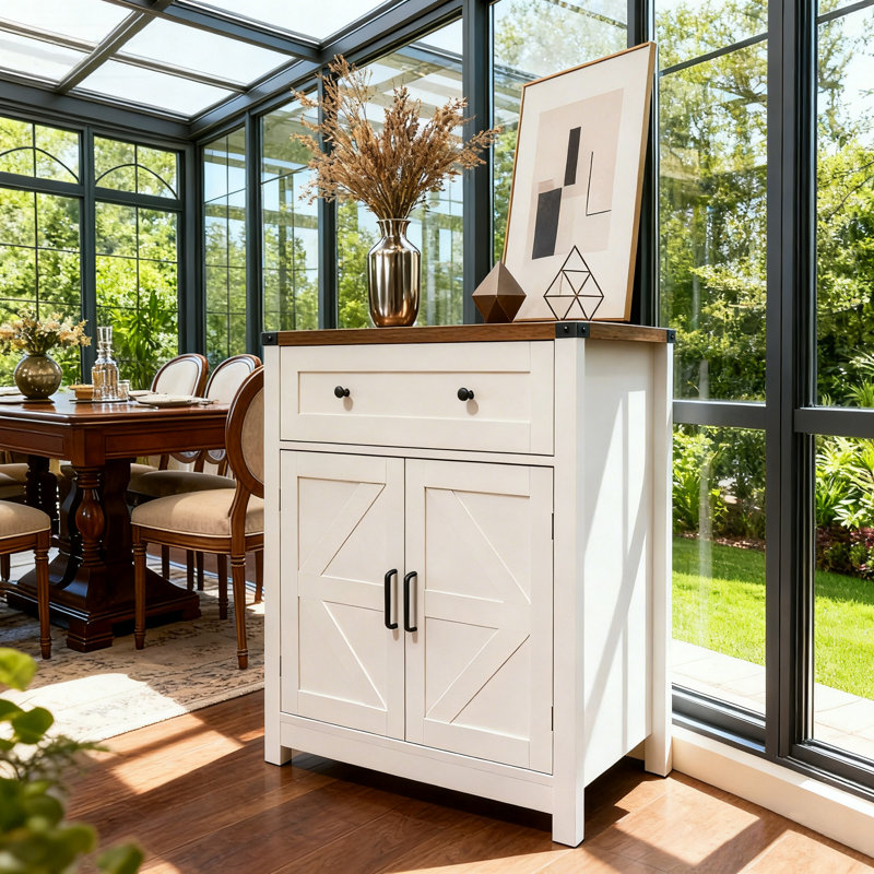 32.7'' Tall 2 - Door Accent Cabinet With 1 Drawer, White/Walnut