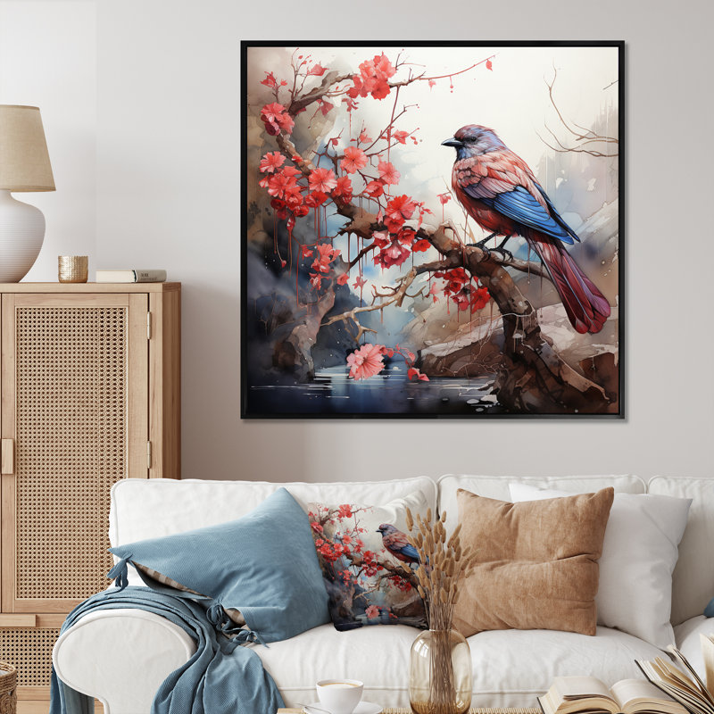 «Blue Jay on Blossom Cherry I», reproduction sur toile, Cadre flottant noir, H 30 po x l 30 po x P 1 po