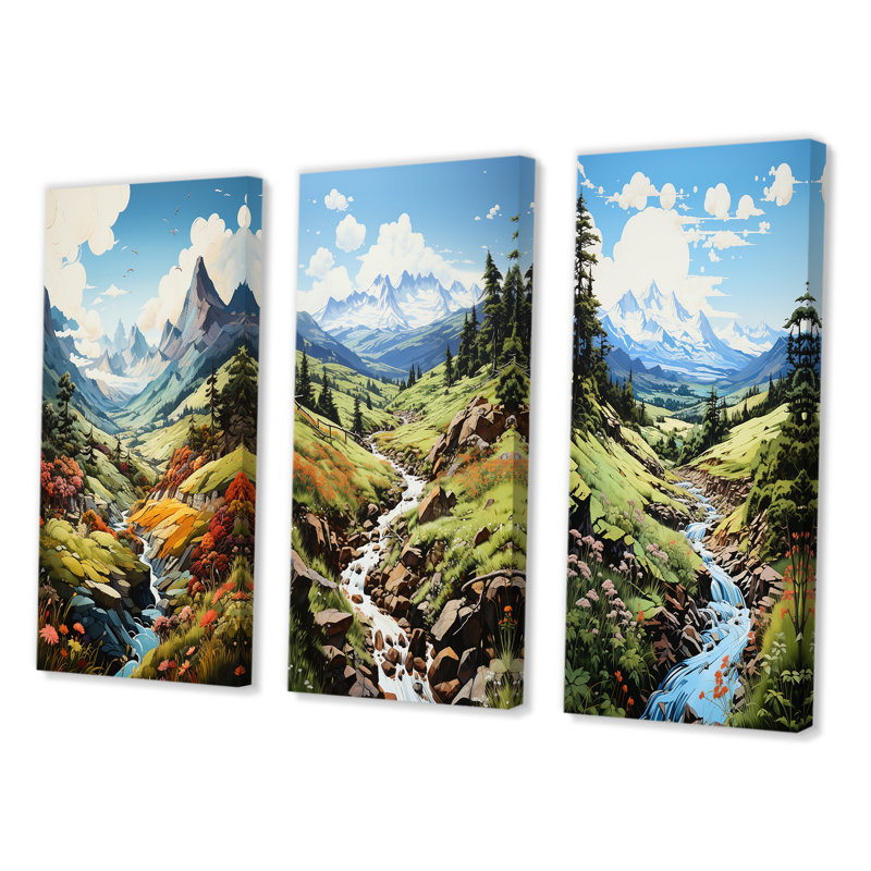 «Mountains Sharp Summer Peaks», 3 pièces sur toile, Toile tendue, H 28 po x l 36 po