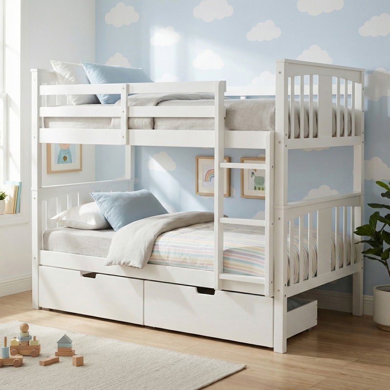 Lit superposé double en bois massif avec tiroirs et échelle pour chambre à coucher, Blanc