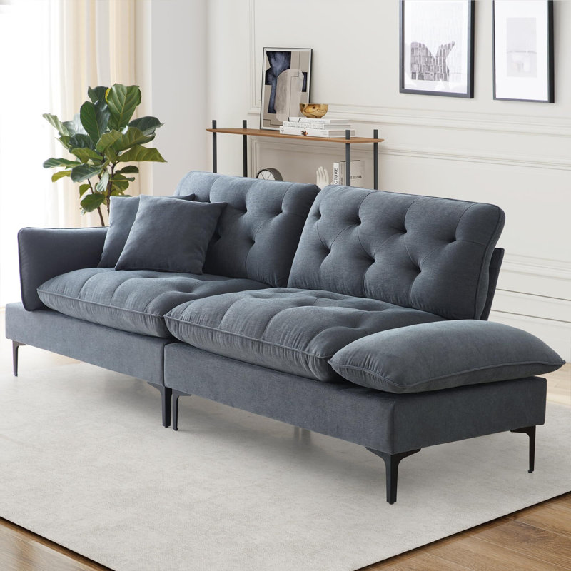 Canapé en chenille pour le salon, canapé surdimensionné à 2 places, accoudoir ajustable avec accoudoirs, dossier capitonné, 2 coussins de siège en tissu moderne avec pieds en fer, bleu