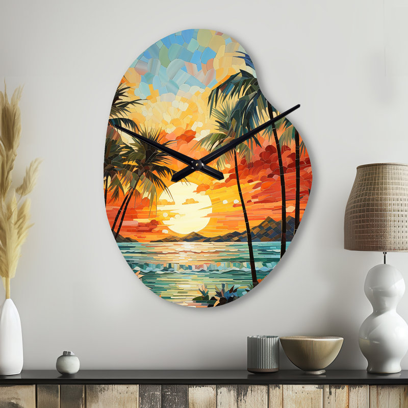 «Orange Palm Trees Mosaic III», horloge murale asymétrique en métal orange, Grand