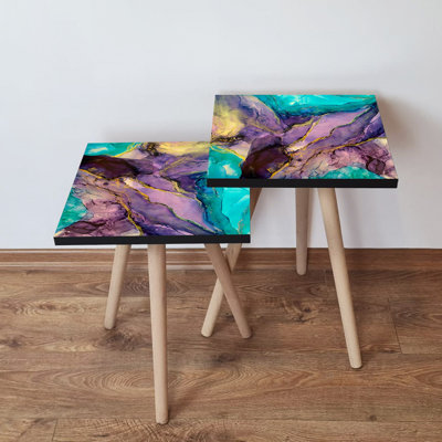 Ensemble de 2 tables gigognes élégantes en marbre, conception abstraite, 13,8 x 18,5 x 13,8 pouces et 13,8 x 16,5 x 13,8 pouces | 100% panneau de fibres à densité moyenne avec des pieds en bois de hêtre, robuste et élégant pour le salon, décoration intérieure moderne