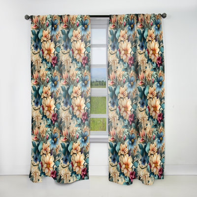 Bleu et beige fleur vive Garden Beauty III - Rideau glamour - Velours obscurcissant - 1 panneau