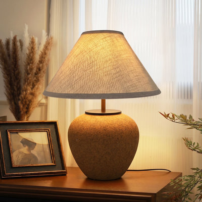 Lampe de table contemporaine en céramique, base en poterie texturée avec abat-jour en lin, lampe de chevet pour la chambre à coucher, le salon et le bureau personnel