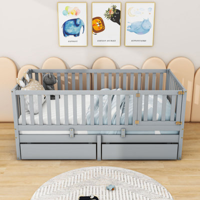 Storage Wooden Floor Bed with Guardrails and 2 Drawers