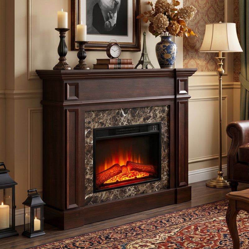  46" TV Stand Electric Fireplace with Mantel, Portable Freestanding Wood Stove with Remote Control, 23'' Electric Fireplace Insert Heater, 1400W Realistic 3D Flame Stacked Stone Surround