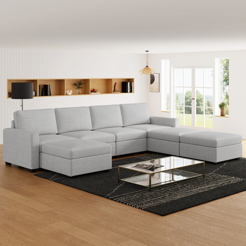 Wide U Shaped Sofa Storage Couch With Ottoman Chaise, Sectional Modular Sofa Livingroom Apartment Couch, Black Plush Corduroy