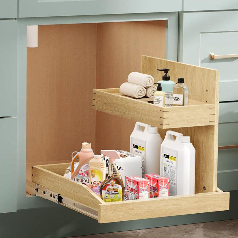 Armoire coulissante à 2 niveaux de 22,5 po x 21 po sous le lavabo, fermeture en douceur, support en U réglable, idéal pour le rangement de la cuisine ou de la salle de bain (à gauche)