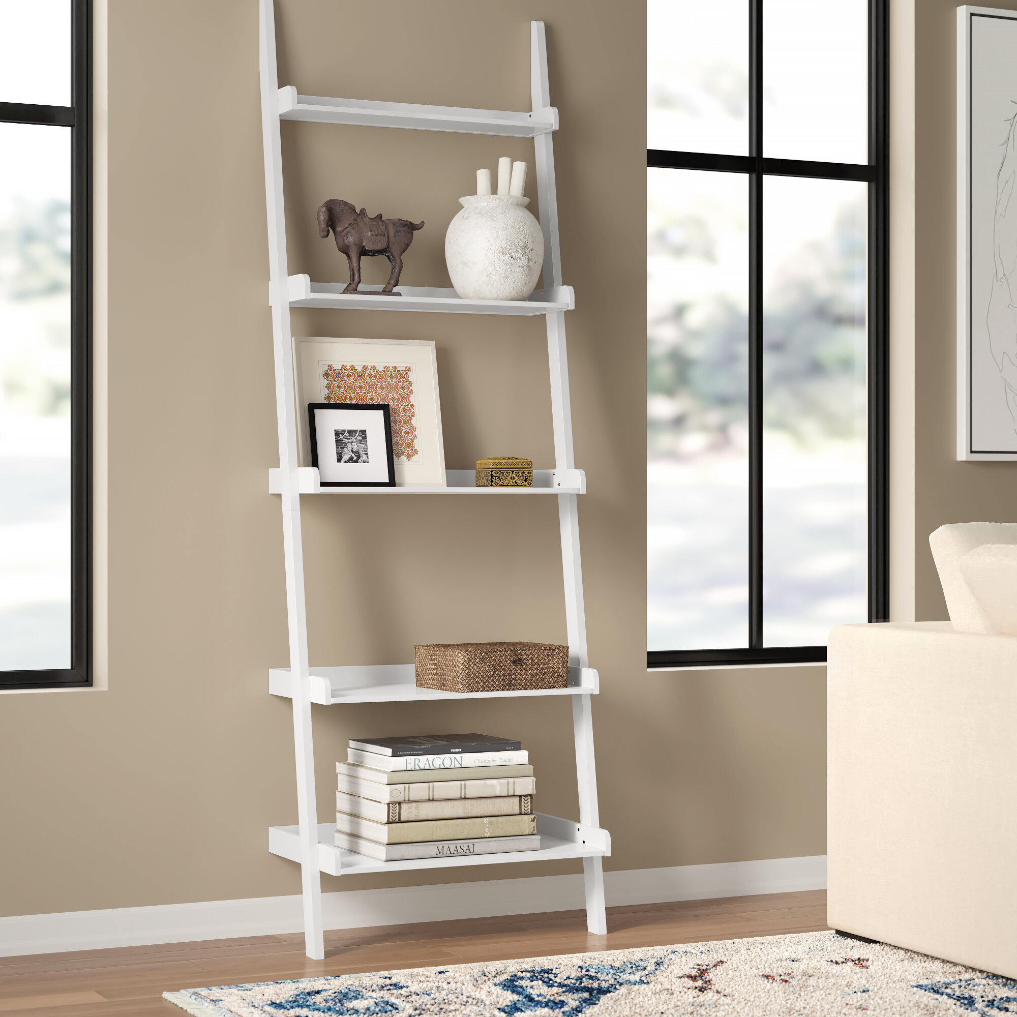 Lavish Home 5-Tier Ladder Bookshelf - Leaning Decorative Shelves, White