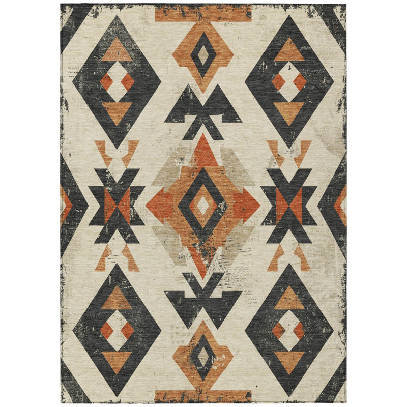 Tapis intérieur/extérieur lavable, 3 m x 4,2 m, ivoire, orange et anthracite, motif aztèque