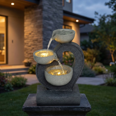 Fontaine bol moderne à 3 niveaux 19,7 po avec eau chaude intérieur / extérieur en résine texturée de pierre à DEL