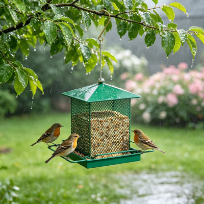 Mangeoire à oiseaux en métal à suspendre en métal avec perchoirs et fond en filet