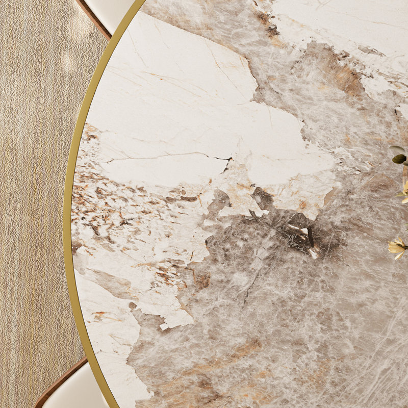 Luxury Thicken Stone Gold Trim Analia Round Solid Wood Base Kitchen Room Table For 2-8 People, Cloud Atlas
