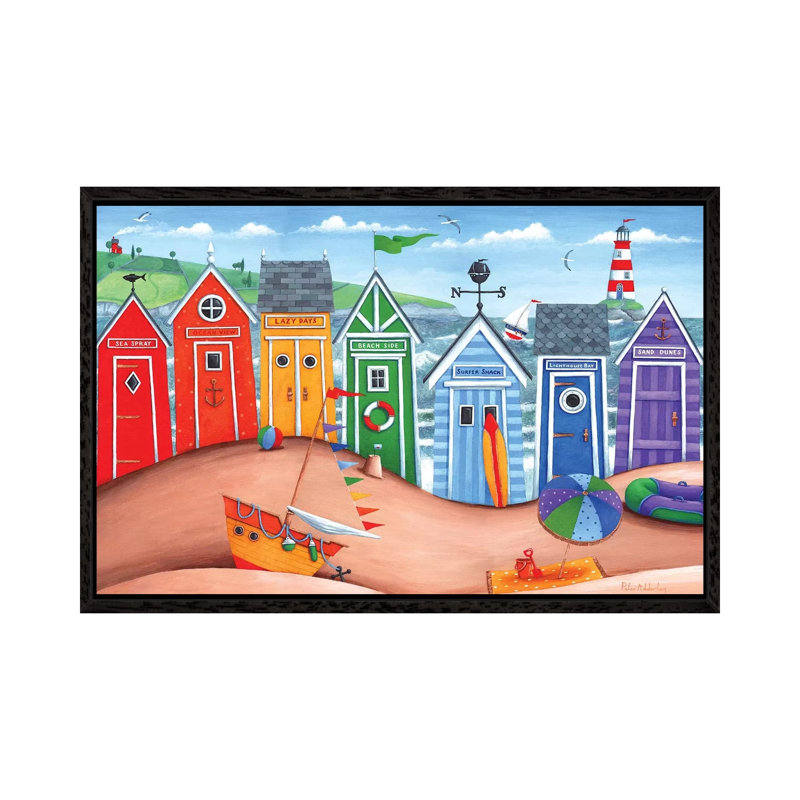 Beach Hut Rainbow Scene by Peter Adderley - Painting on Canvas, 101.6cm H x 152.4cm W x 3.81cm D, Black Framed