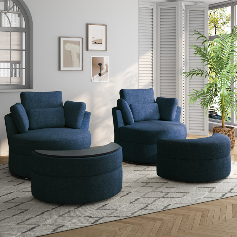 Upholstered Swivel Lounge Armchair With Storage Ottoman(Set of 2), Navy Polyester Blend