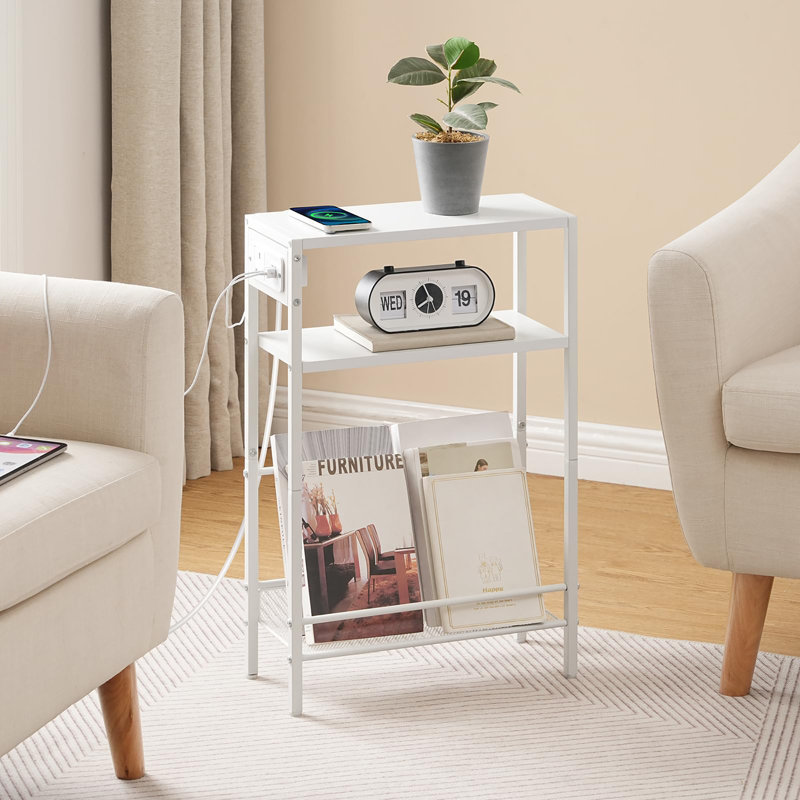 Slim Side Table with Storage, White, White