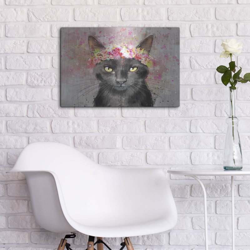 Art mural en métal Red Barrel Studio® «Flower Crown Black Cat» par Furbaby Affiliates, H 16 po x l 24 po