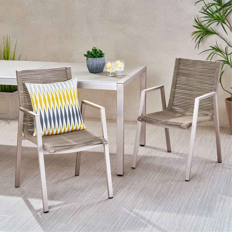 Chaise de salle à manger d'extérieur moderne en aluminium avec siège en corde (ensemble de 2), argent et taupe, Taupe