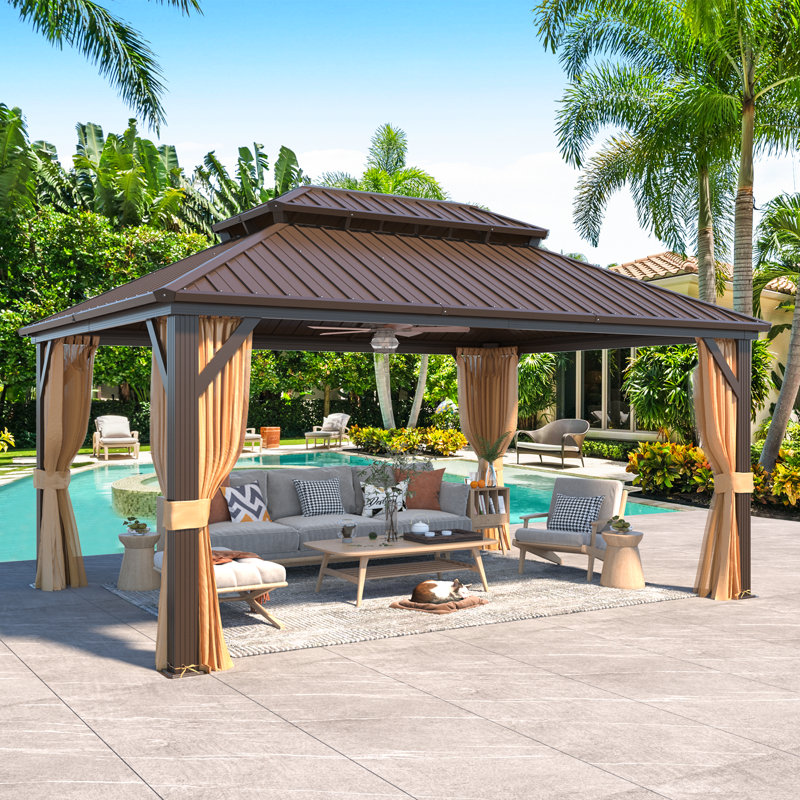 16 pi L 12 pi. D Pavillon de jardin en aluminium à toit rigide, toit en acier galvanisé double, pavillon permanent toutes saisons, auvent extérieur avec rideaux et filet, conçu pour les spas, les terrasses et les cours arrière