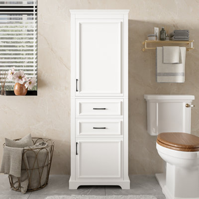 71-inch tall freestanding bathroom vanity with damping-hinge doors and drawers, featuring a modern elegant design. Includes adjustable shelves, a fixed shelf, and space-saving storage.