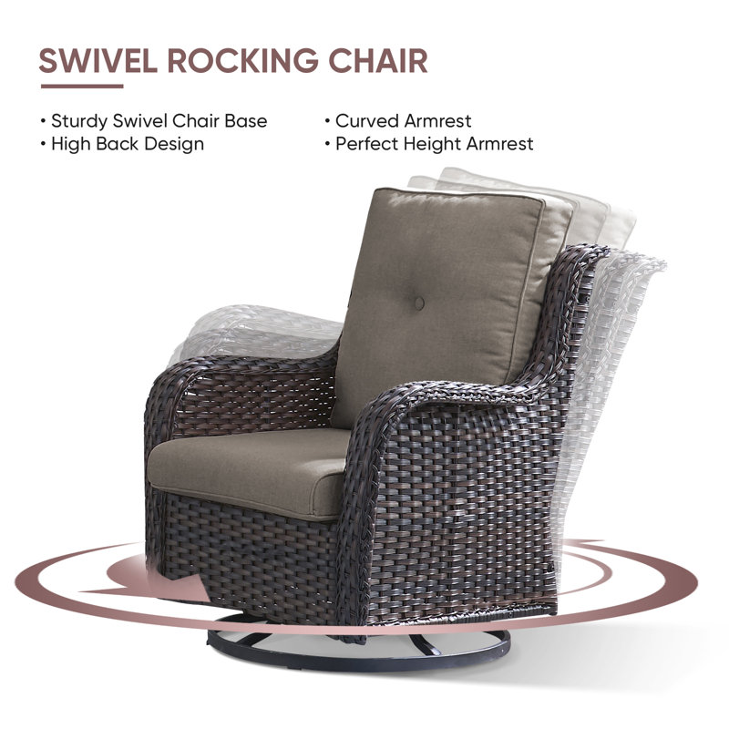 Ensemble de conversation pour patio pour 7 personnes Carolina Wicker avec coussins et foyer, Gris, Brun
