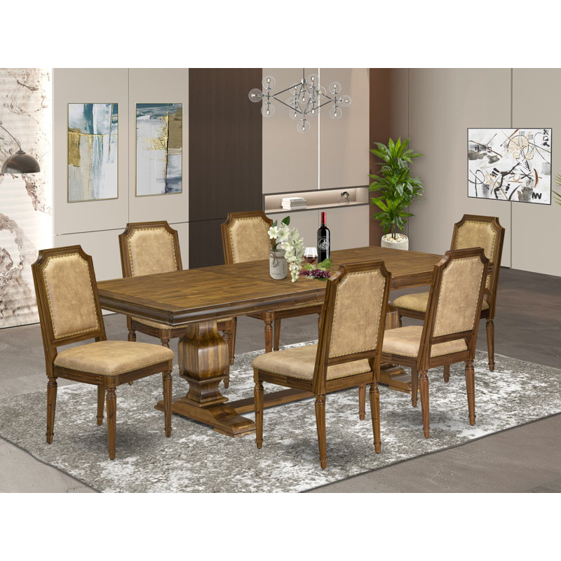 7-piece Dining Table Set includes a Modern Dining Table and 6 Beige PU Leather Kitchen Chairs with High Back-Antique Walnut Finish