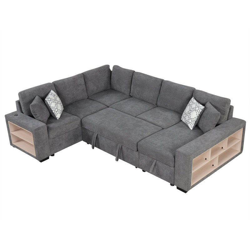 109" U-Shaped Sectional Sofa Pull-Out Sofa Bed With Two Usb Ports, A Storage Chaise Lounge And Four Back Pillows For Living Room