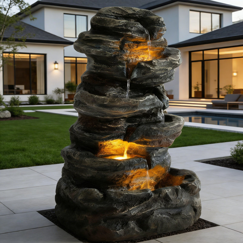Fontaine d'extérieur 35 "avec lumières à DEL, chute d'eau en pierre naturelle empilée en résine pour jardin de patio
