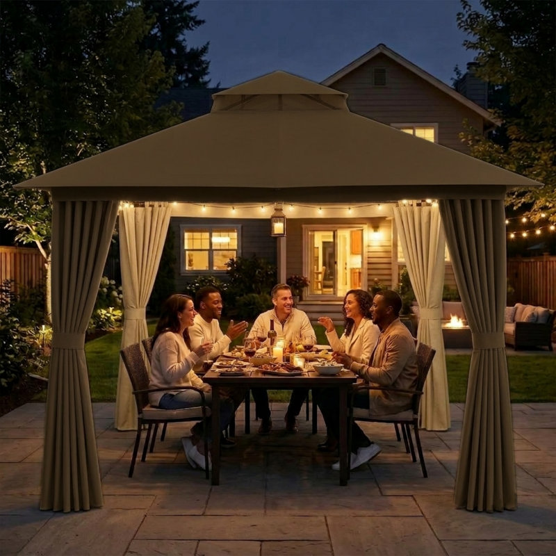 Gazebo de terrasse Yardgrace 3 m x 3 m avec toit souple, auvent à 2 niveaux, moustiquaire et rideaux d'intimité, marron, Brun