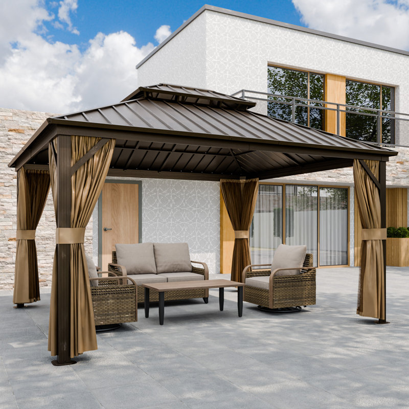 Outdoor Hardtop Gazebo Patio Galvanized Steel Double Roof Aluminum Frame Gazebo, 114" H x 168" W x 144" D