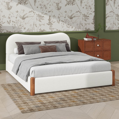 Platform Bed With Fabric-Upholstered Surface And Wooden Support Legs