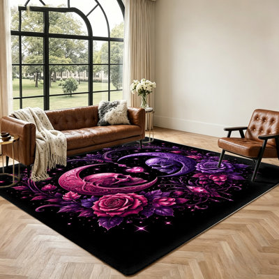 Gothic Skulls Crescent Moon Roses Area Rug, Dark Fantasy Home Decor, Vintage Boho Style Floor Mat, Indoor for Living Room, Bedroom, Unique Gifts