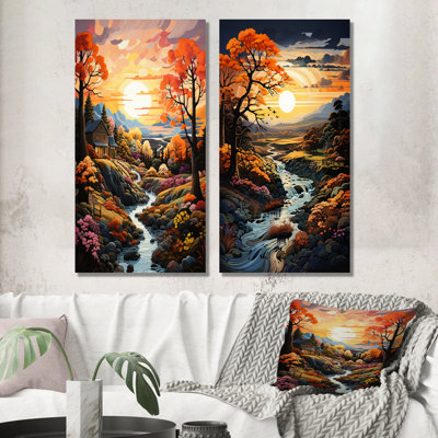 Nature Nature Simplicity At Sunrise - Forest River, ensemble de 2 reproductions d'art murales en métal