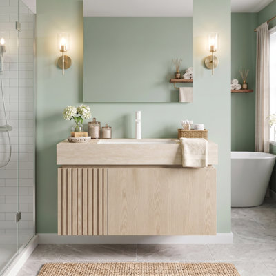 30" Floating Bathroom Vanity with White Undermount Ceramic Sink, Wall-mounted Plywood Bath Storage Cabinet with Drawer and Doors in Light Brown, Roma Travertine Sintered Stone Top with 1 Pre-drilled Faucet Hole, Pre-assembled