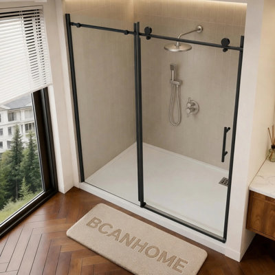 Porte de douche coulissante sans cadre l 56 à 60 po x H 76 po BCANHome - Verre trempé de 10 mm (3/8 po) | Quincaillerie antirouille en acier inoxydable | Film antidéflagrant, conception facile à nettoyer, performance de glissement fluide | Transparent et élégant , Robuste et durable