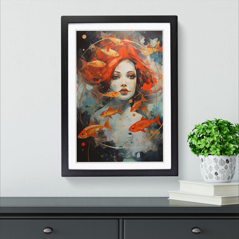 Pisces Zodiac Expressionism - Single Picture Frame Print on Wood, Black Framed, 64cm H x 46cm W x 2cm D