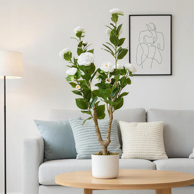 Camélia artificiel, faux camélias avec pot blanc moucheté et fleurs blanches réalistes, faux arbres fleuris en pot pour la décoration intérieure de la maison ou du bureau